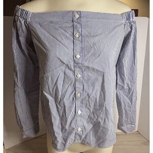 Bar III Womens M Blue White Striped Off Shoulder Seersucker Blouse Stretch Top